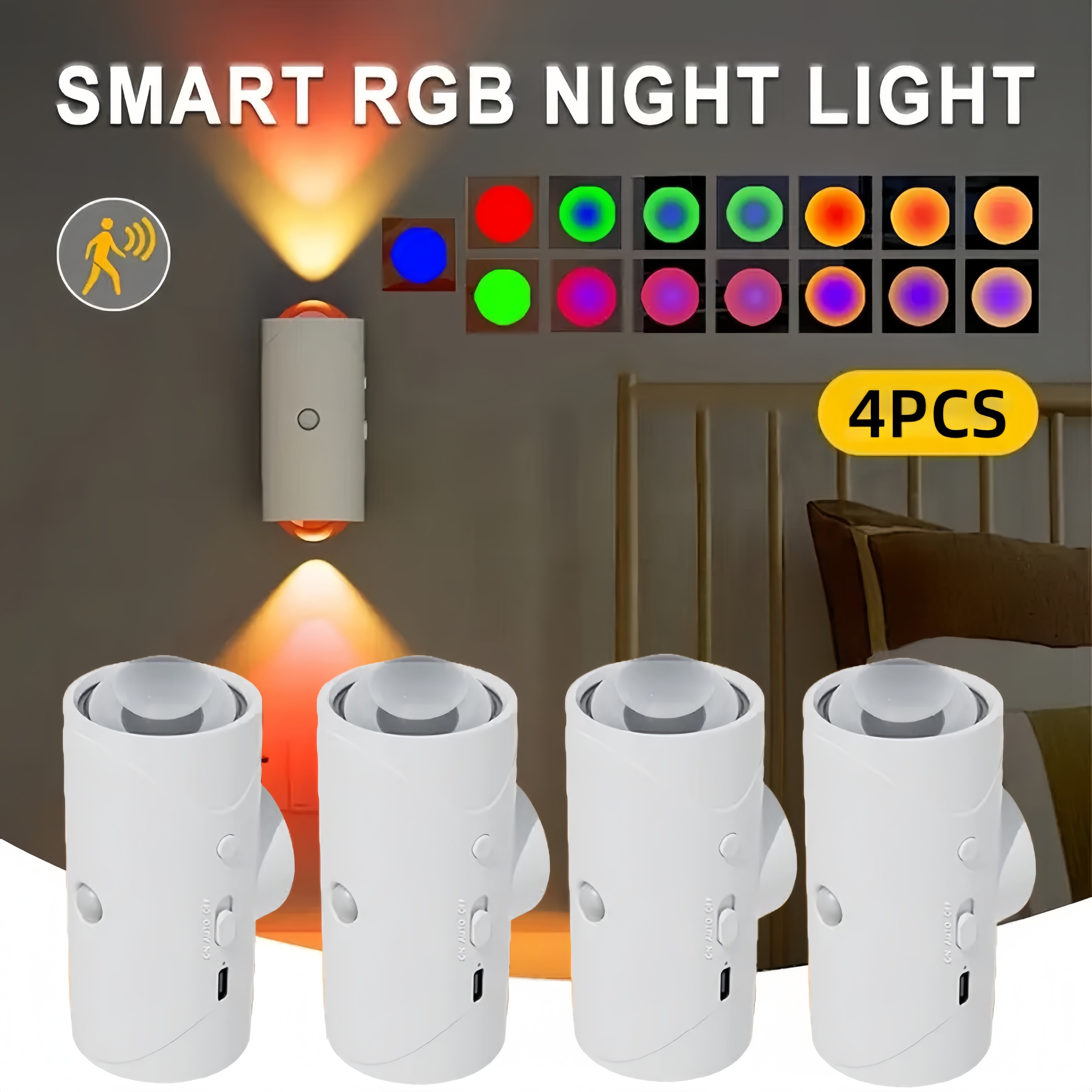 4PCS Color-sensing Motion Night Lights, Wall Lights, Cabinet Lights, Decorative Lights, With Three Lighting Modes, Available In Multiple Colors, Featuring Magnetic Installation